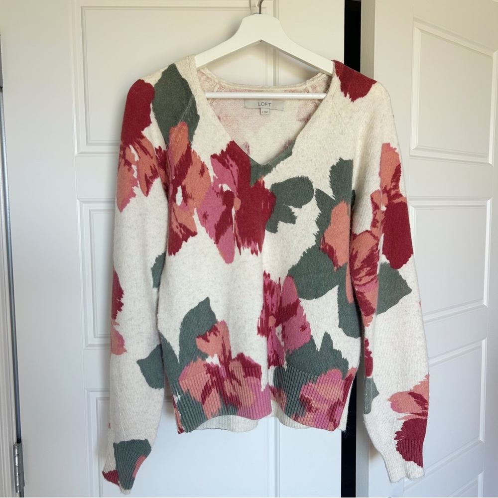 Loft Cotton Blend Floral V Neck Sweater Cottagecore Size S